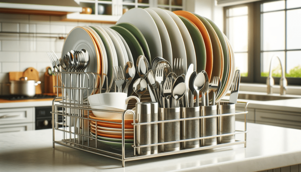 dall%c2%b7e-2023-12-18-23-36-29-an-image-of-a-stainless-steel-dish-rack-full-of-dishes-on-a-kitchen-counter-the-rack-holds-white-orange-and-green-plates-in-different-sizes-neatly-8545827