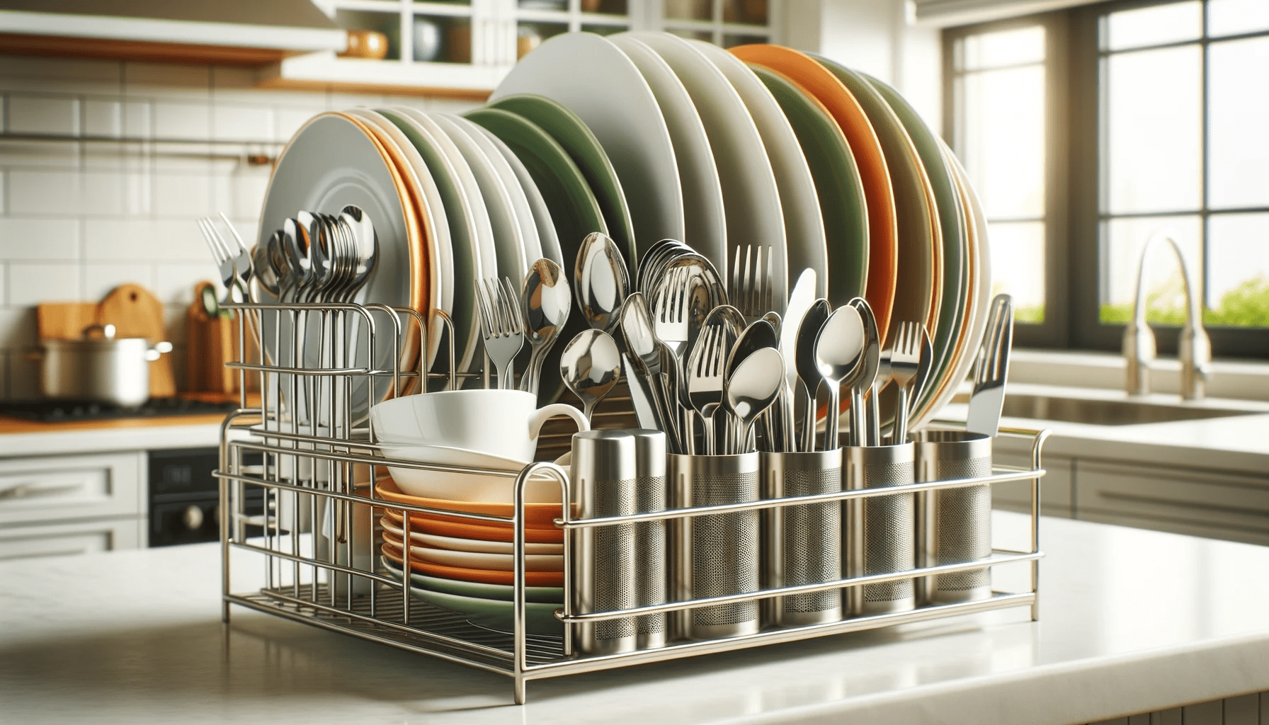dall%c2%b7e-2023-12-18-23-36-29-an-image-of-a-stainless-steel-dish-rack-full-of-dishes-on-a-kitchen-counter-the-rack-holds-white-orange-and-green-plates-in-different-sizes-neatly-8545827