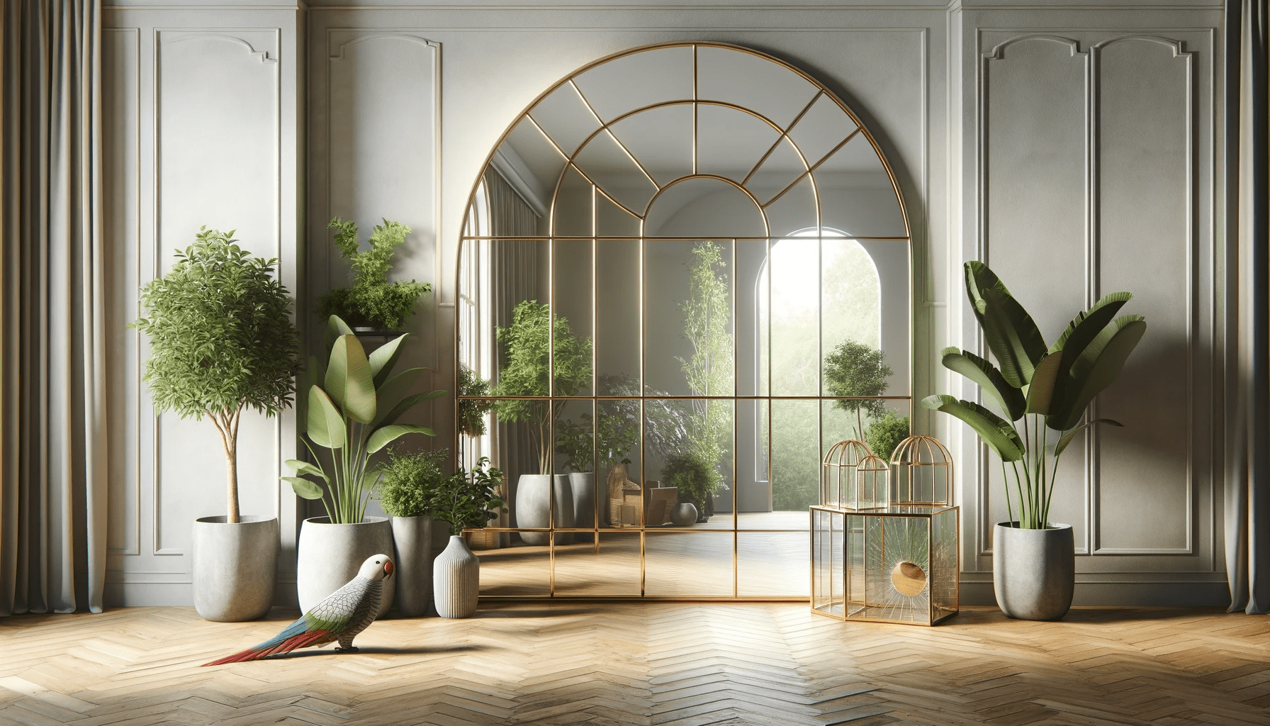 dall%c2%b7e-2023-12-19-04-23-48-a-modern-and-stylish-interior-with-a-large-arched-mirror-with-a-golden-frame-placed-against-a-white-wall-the-mirror-is-divided-into-multiple-panes-by-5074624