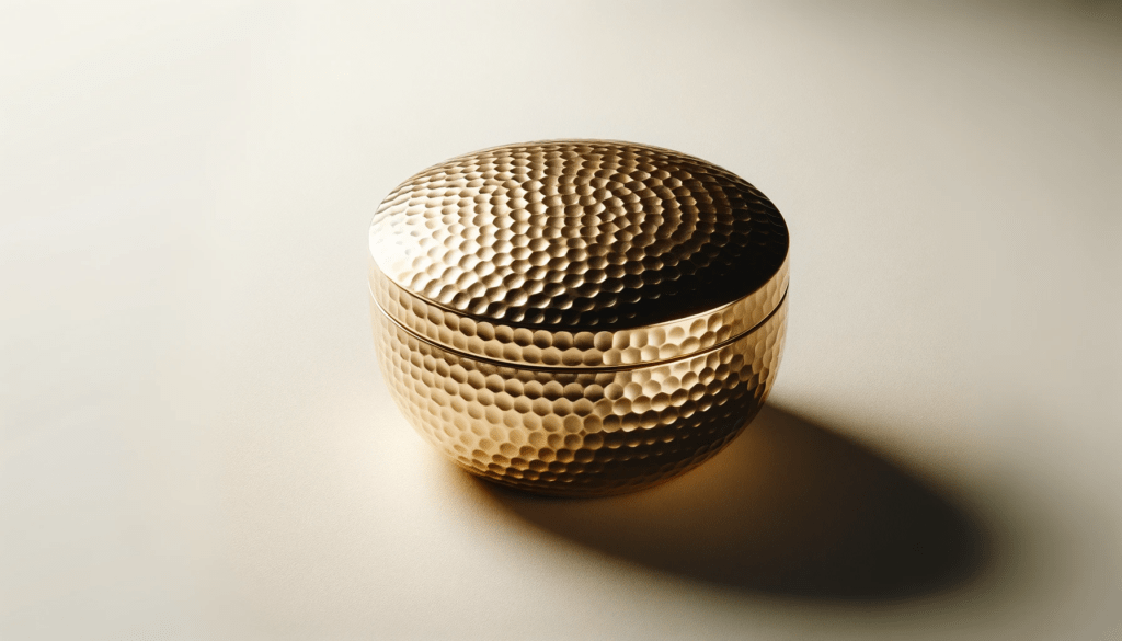 dall%c2%b7e-2023-12-19-08-13-51-a-round-hammered-gold-metal-box-with-a-subtle-texture-and-a-reflective-surface-centered-on-a-plain-white-background-the-box-has-a-simple-elegant-d-1140739