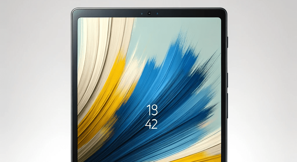 dall%c2%b7e-2023-12-21-08-18-32-a-modern-tablet-with-a-vivid-display-showing-an-abstract-wallpaper-with-blue-yellow-and-beige-brush-strokes-the-tablet-has-a-thin-black-bezel-and-a-5689050