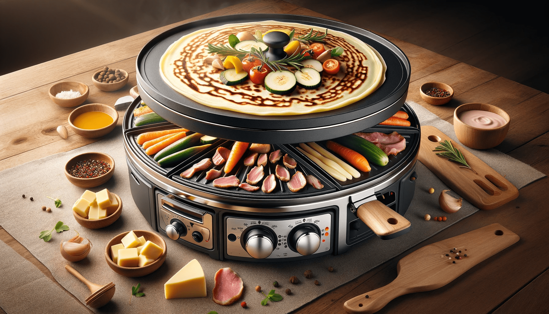 dall%c2%b7e-2023-12-21-12-08-08-a-versatile-raclette-grill-with-a-crepe-maker-on-top-filled-with-various-foods-the-appliance-is-round-and-has-a-non-stick-grill-plate-where-vegetabl-6768639