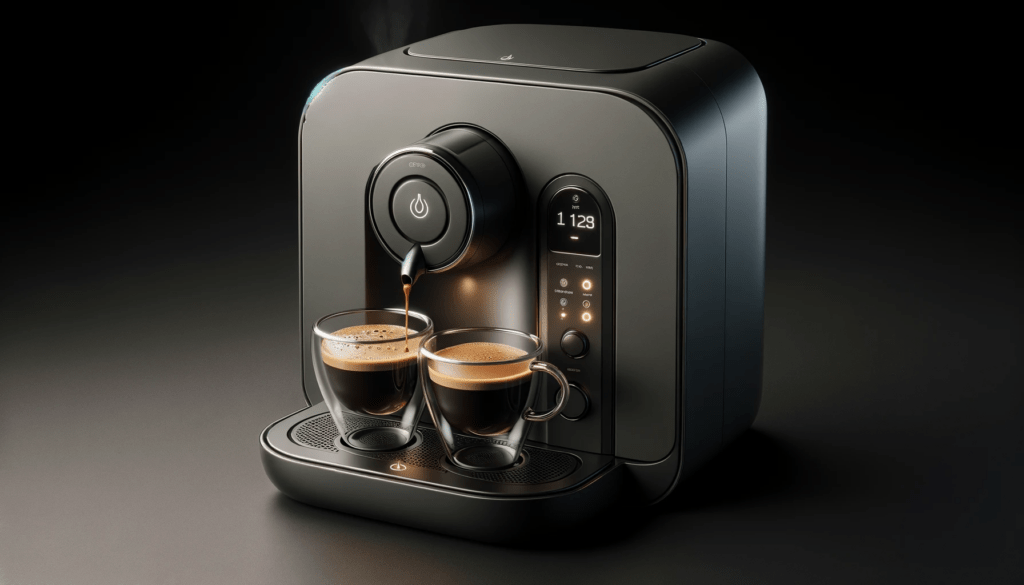 dall%c2%b7e-2023-12-22-01-48-22-a-modern-coffee-pod-machine-in-a-dark-grey-color-dispensing-coffee-into-two-clear-glass-cups-the-machine-has-an-elegant-design-with-a-curved-form-an-9779202