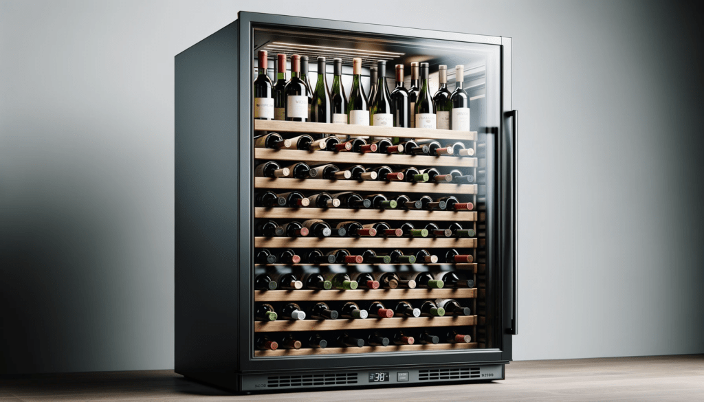dall%c2%b7e-2023-12-22-04-26-23-a-wine-cooler-refrigerator-with-a-glass-door-front-view-the-fridge-has-a-black-exterior-with-a-transparent-glass-door-to-display-the-bottles-inside-4867053