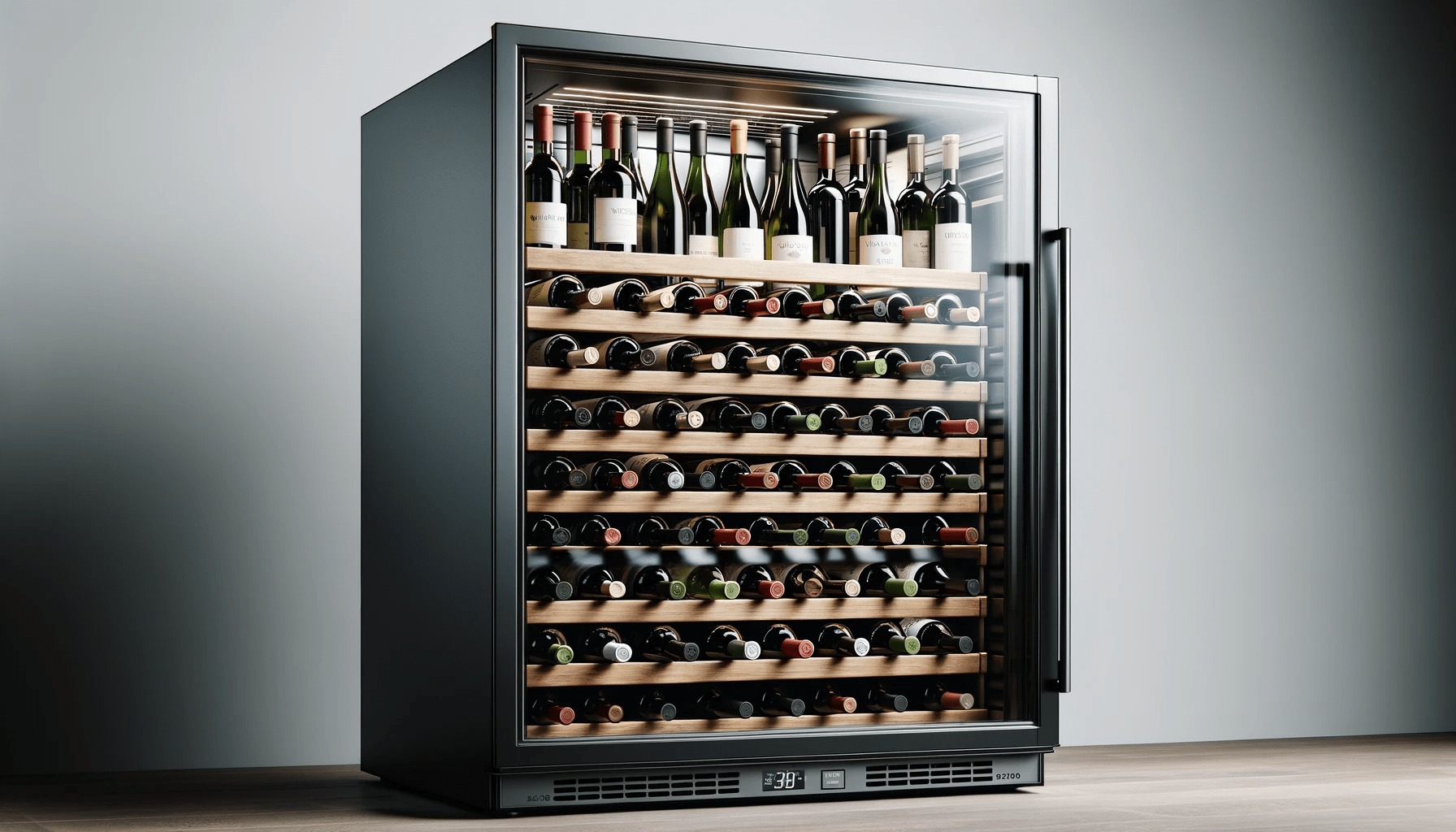 dall%c2%b7e-2023-12-22-04-26-23-a-wine-cooler-refrigerator-with-a-glass-door-front-view-the-fridge-has-a-black-exterior-with-a-transparent-glass-door-to-display-the-bottles-inside-4867053