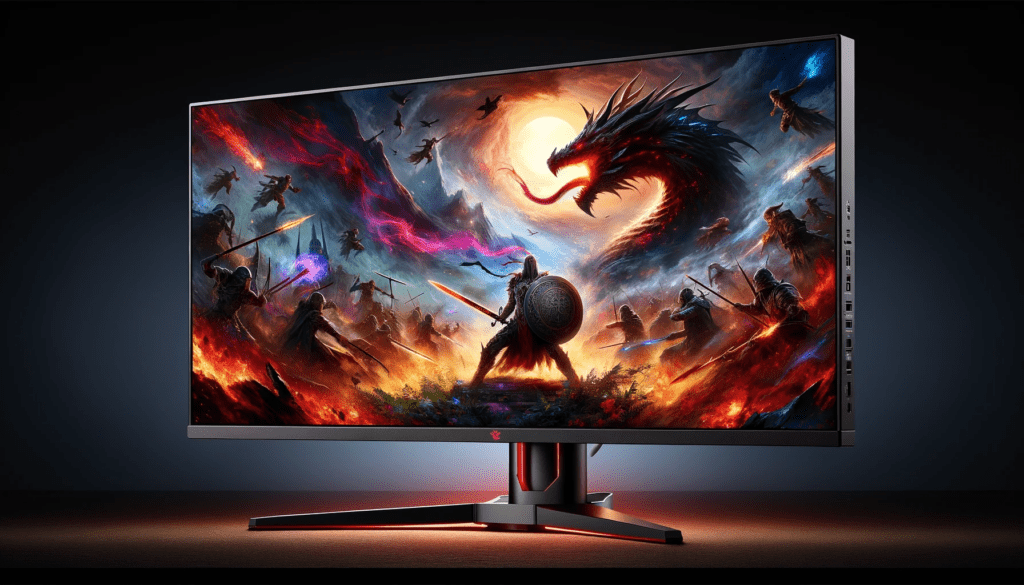 dall%c2%b7e-2023-12-22-04-53-46-a-gaming-monitor-featuring-a-vivid-fantasy-themed-wallpaper-the-monitor-has-a-sleek-black-design-with-a-thin-bezel-and-a-stand-with-red-accents-the-1872428