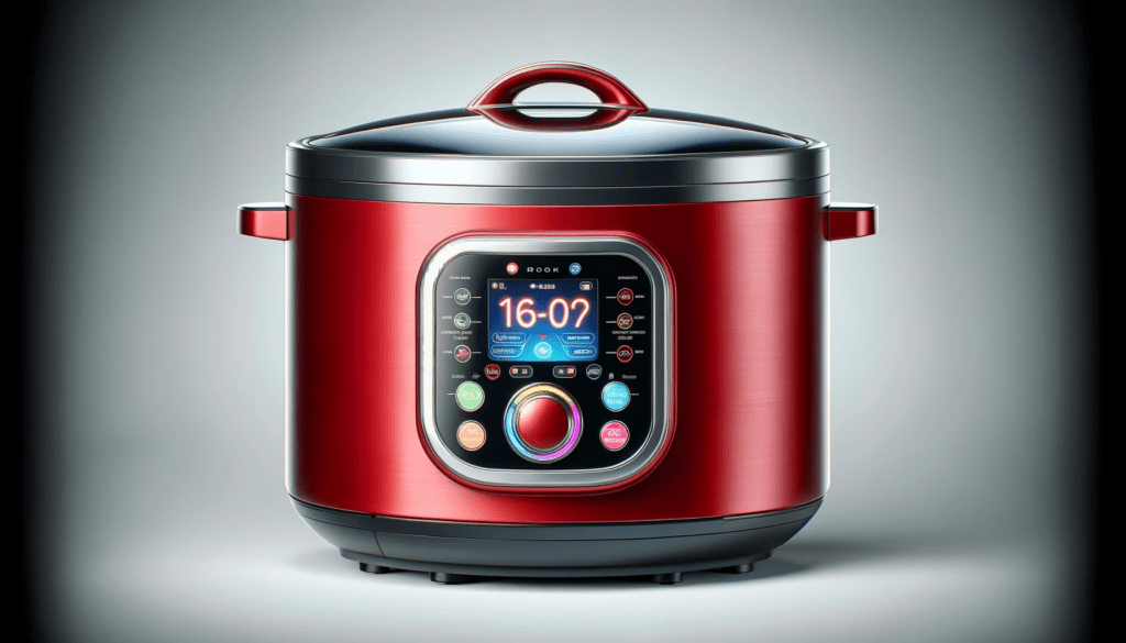 dall%c2%b7e-2023-12-22-06-14-38-a-vibrant-red-multi-cooker-with-a-round-body-and-a-reflective-metallic-lid-the-front-of-the-cooker-features-a-digital-screen-with-colorful-icons-disp-6836378