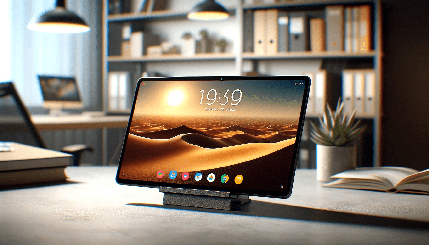 dall%c2%b7e-2023-12-22-07-10-11-a-professional-photograph-of-a-modern-tablet-supported-by-a-stand-showcasing-a-wallpaper-with-a-desert-landscape-during-sunset-the-tablet-has-minima-1653612