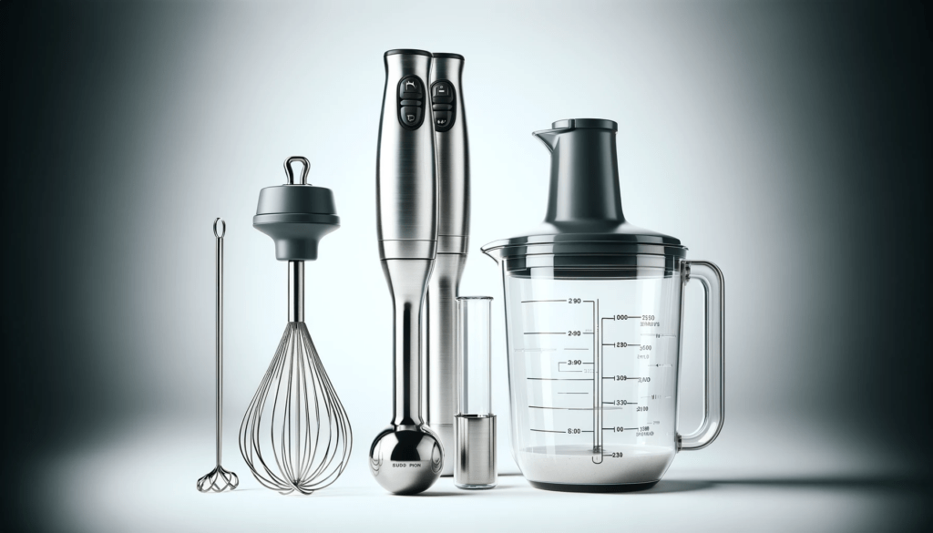 dall%c2%b7e-2023-12-22-08-18-47-a-hand-blender-set-on-a-white-background-including-a-stainless-steel-immersion-blender-a-whisk-attachment-a-chopper-attachment-with-a-black-lid-an-2759358