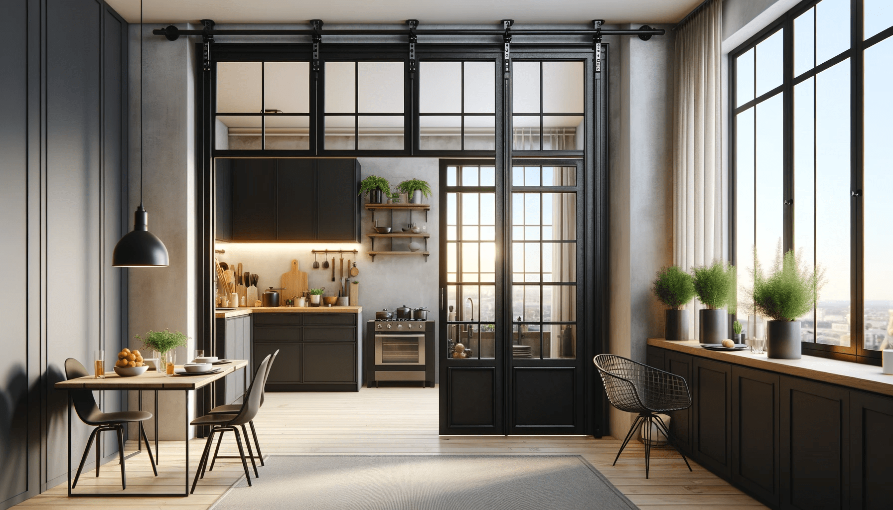 dall%c2%b7e-2023-12-22-15-16-23-create-a-photorealistic-image-of-a-modern-kitchen-and-dining-area-separated-by-a-black-sliding-workshop-door-with-three-clear-glass-panes-measuring-2-8195394