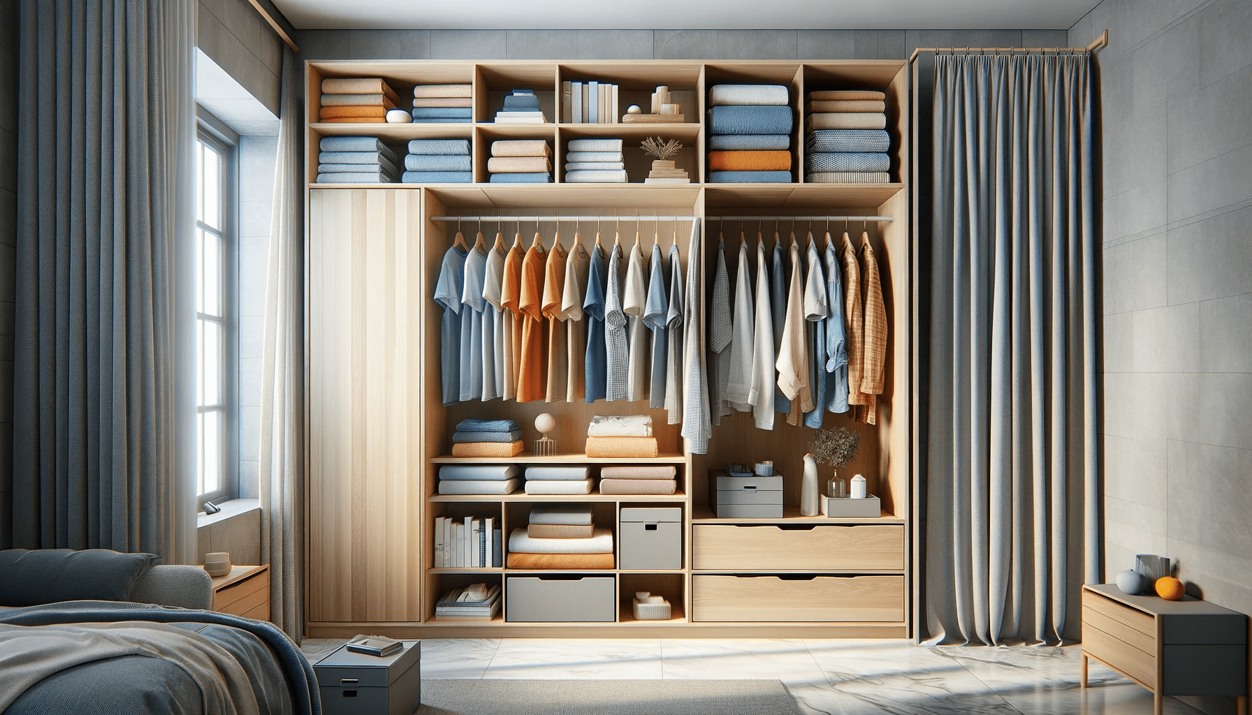 dall%c2%b7e-2023-12-22-17-09-44-create-a-photorealistic-image-of-a-modern-organized-wardrobe-system-in-a-bedroom-setting-the-wardrobe-features-two-oak-effect-columns-with-multiple-6749356