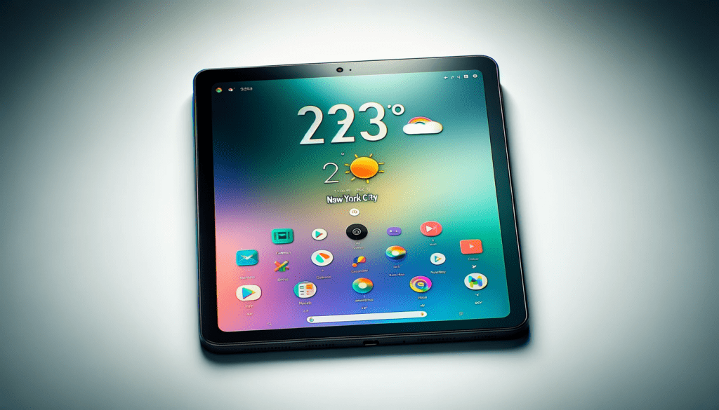 dall%c2%b7e-2023-12-24-14-40-11-a-modern-black-tablet-with-rounded-edges-displaying-a-colorful-interface-the-screen-shows-a-weather-widget-indicating-23-and-new-york-city-wi-3075017