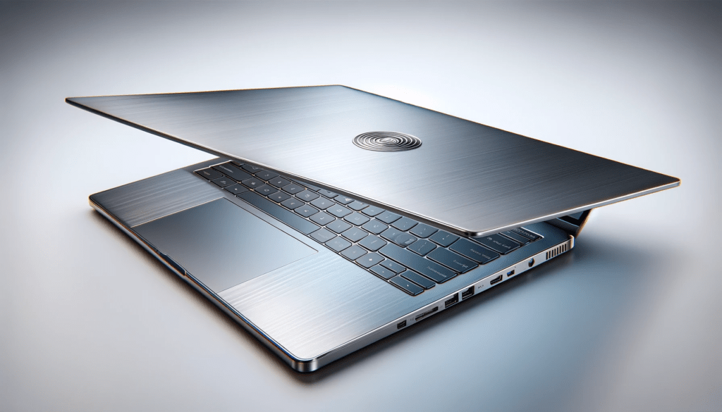 dall%c2%b7e-2023-12-24-16-00-59-a-photorealistic-image-of-a-modern-laptop-with-a-sleek-silver-design-positioned-at-a-three-quarter-angle-showing-the-lid-partially-closed-the-laptop-7707029
