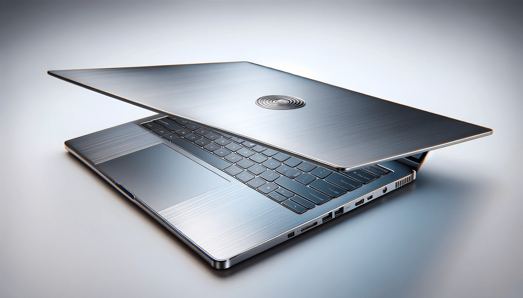 dall%c2%b7e-2023-12-24-16-00-59-a-photorealistic-image-of-a-modern-laptop-with-a-sleek-silver-design-positioned-at-a-three-quarter-angle-showing-the-lid-partially-closed-the-laptop-7707029