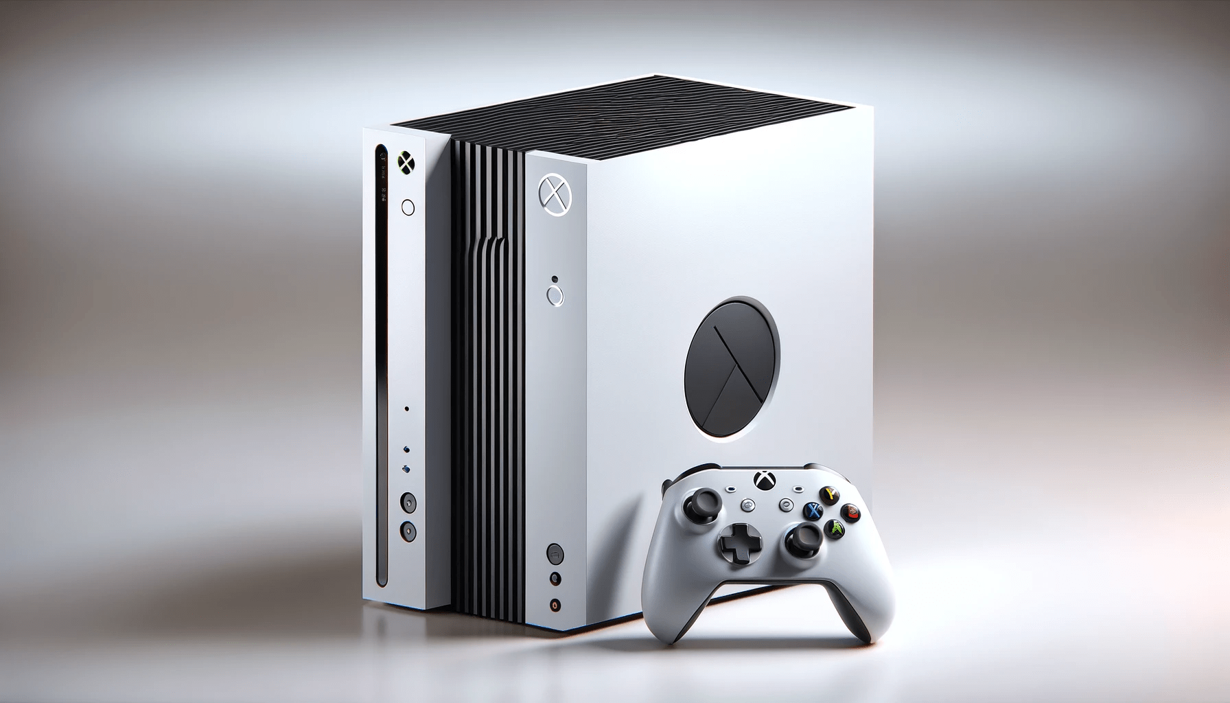 dall%c2%b7e-2023-12-24-16-29-52-a-photorealistic-image-of-a-modern-gaming-console-and-controller-the-console-has-a-vertical-rectangular-design-with-a-white-finish-and-a-large-roun-5298445