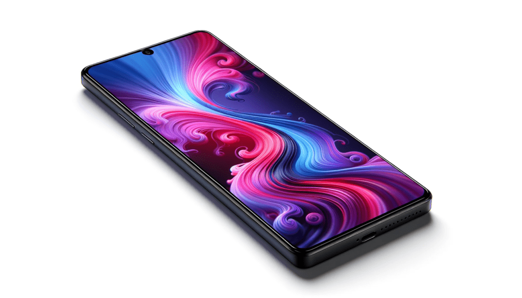 dall%c2%b7e-2023-12-24-17-18-40-a-photorealistic-image-of-a-modern-smartphone-with-an-edge-to-edge-screen-displaying-a-vibrant-abstract-design-with-swirls-of-purple-pink-and-blue-4421191