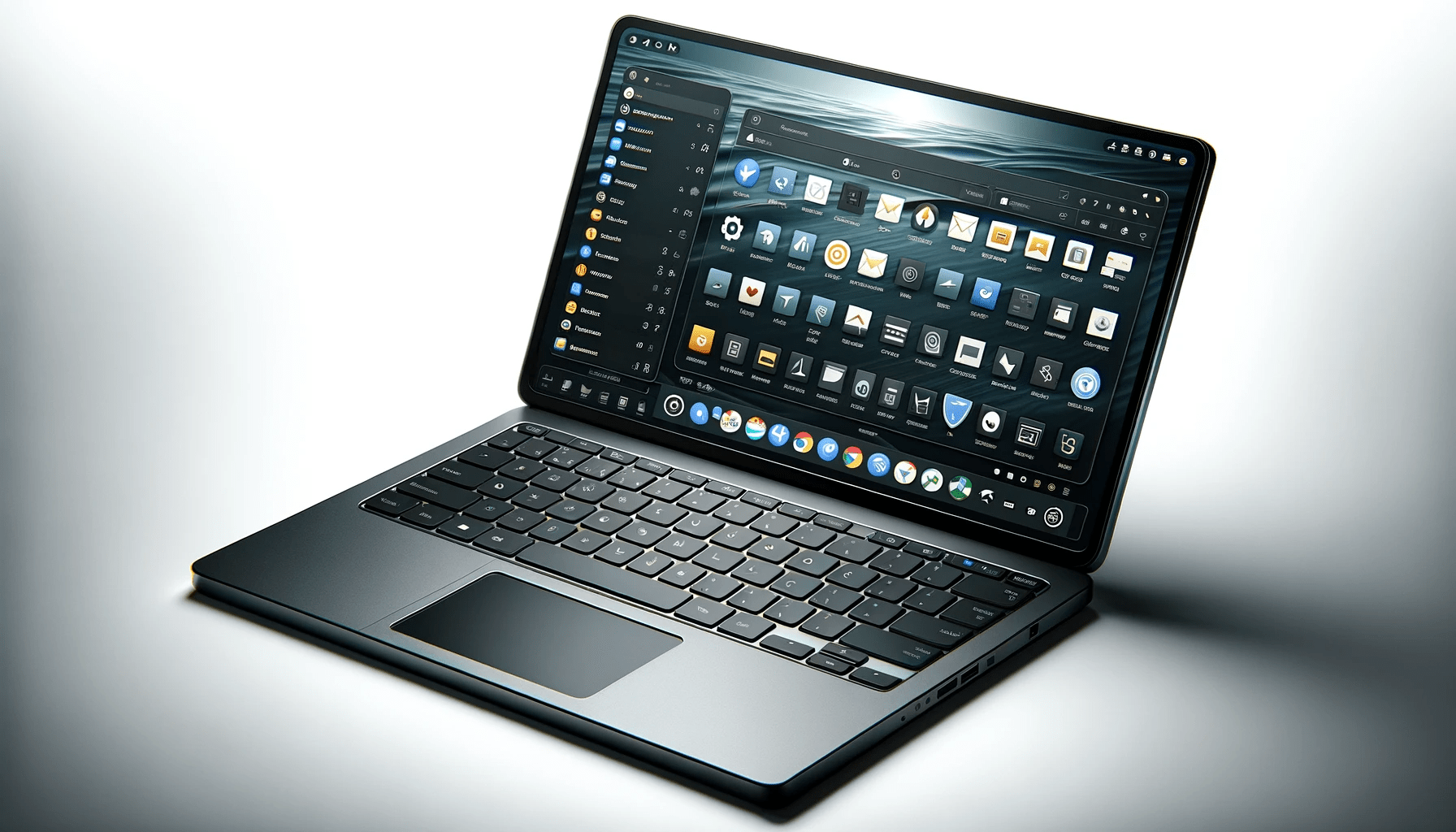 dall%c2%b7e-2023-12-24-17-28-32-a-photorealistic-image-of-a-modern-laptop-with-a-graphite-gray-finish-open-and-displaying-a-desktop-interface-with-icons-for-various-applications-suc-2095988