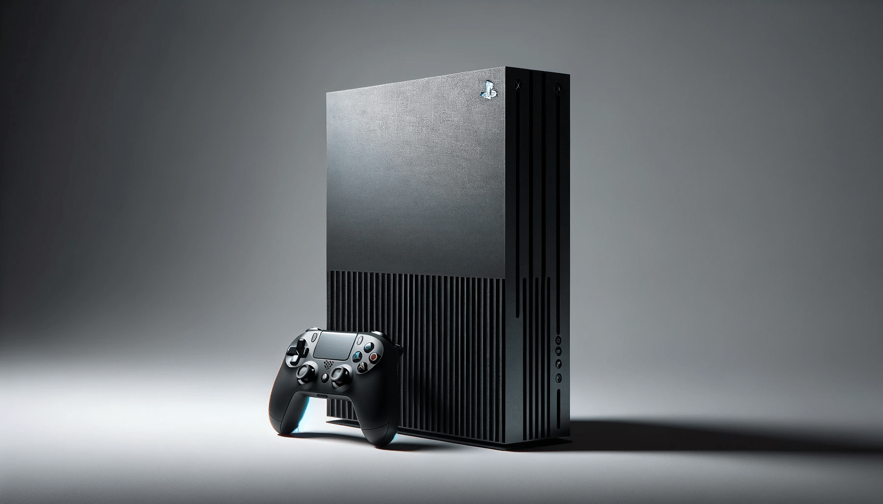 dall%c2%b7e-2023-12-25-11-59-18-a-modern-gaming-console-standing-vertically-with-a-monolithic-black-design-and-a-grid-pattern-on-the-top-it-has-a-clean-rectangular-form-factor-wit-4181159