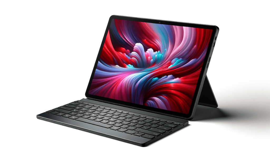 dall%c2%b7e-2023-12-25-21-38-01-an-ultra-modern-tablet-with-a-detachable-keyboard-the-tablet-is-propped-up-at-an-angle-displaying-a-vibrant-abstract-wallpaper-with-swirling-hues-of-4213397