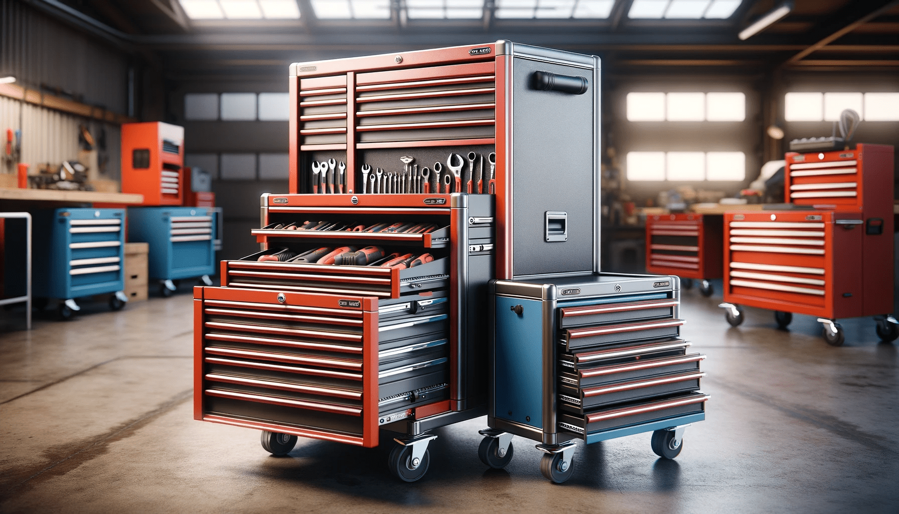 dall%c2%b7e-2023-12-26-16-39-29-a-professional-rolling-tool-cabinet-set-in-a-workshop-environment-displayed-horizontally-the-main-cabinet-is-large-and-red-with-multiple-drawers-ea-5369726