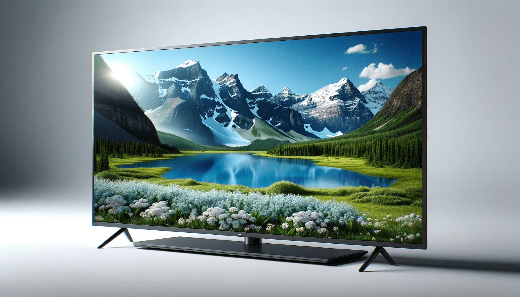 dall%c2%b7e-2023-12-28-13-05-37-a-modern-flat-screen-television-displaying-a-vibrant-landscape-scene-the-image-on-the-screen-is-a-high-definition-photo-of-a-mountainous-region-with-6992705