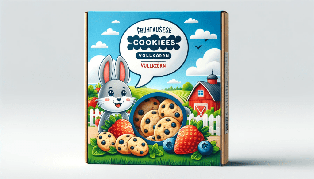 dall%c2%b7e-2024-01-02-17-15-53-packaging-design-for-a-food-product-with-a-speech-bubble-window-revealing-fruit-cookies-at-the-top-a-cartoon-of-a-grey-rabbit-with-farm-elements-in-1932272