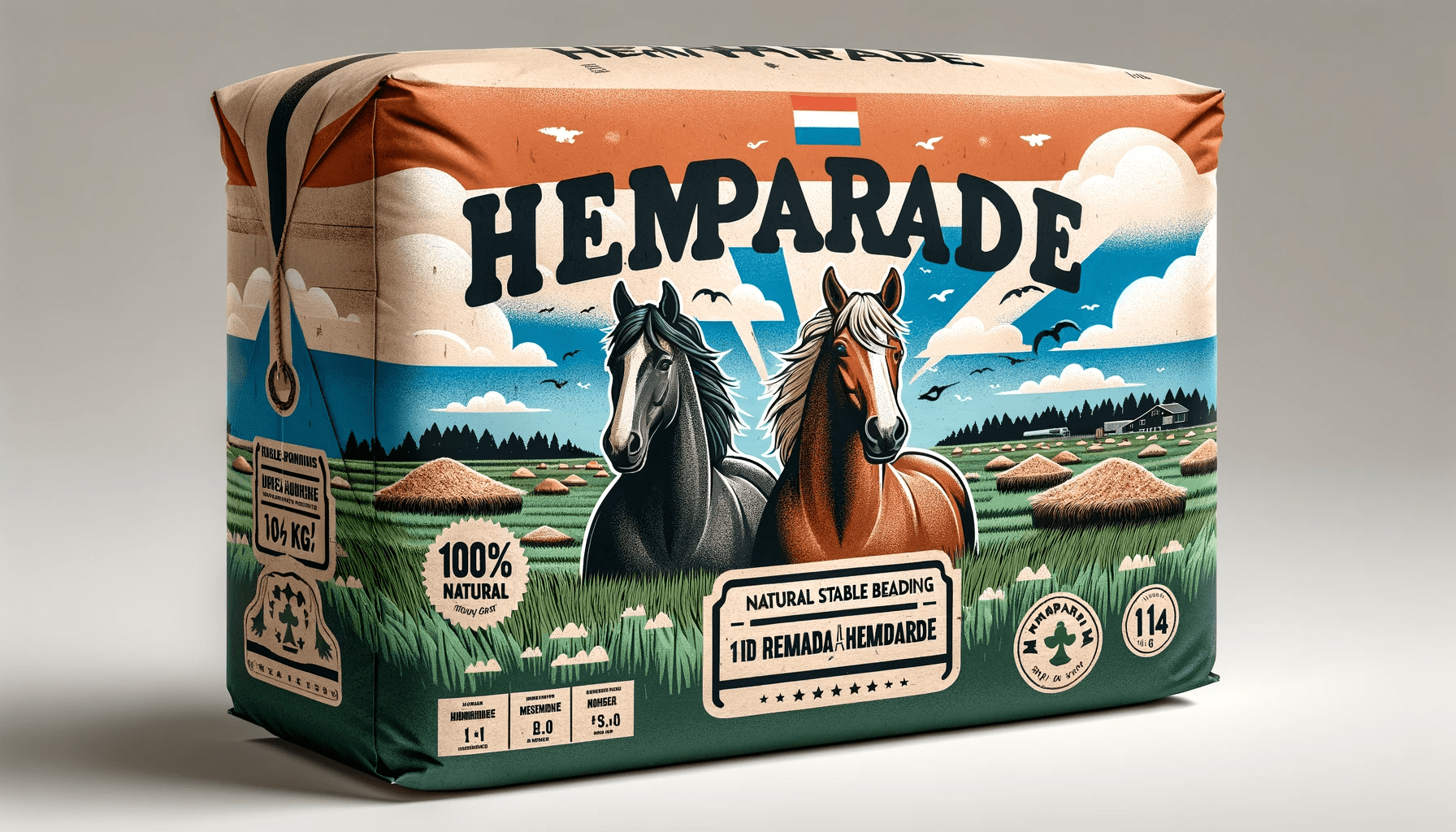 dall%c2%b7e-2024-01-02-17-46-02-horizontal-packaging-design-for-hemparade-natural-stable-bedding-features-two-horses-one-black-and-one-brown-on-a-background-of-green-grass-with-5488058