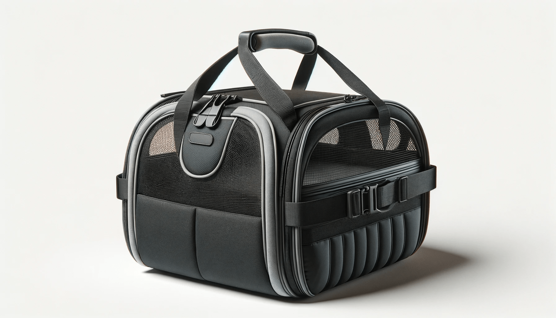 dall%c2%b7e-2024-01-02-18-10-31-a-high-resolution-photo-of-a-modern-pet-carrier-suitable-for-small-animals-the-carrier-is-made-of-black-durable-fabric-with-grey-accents-it-features-7999060