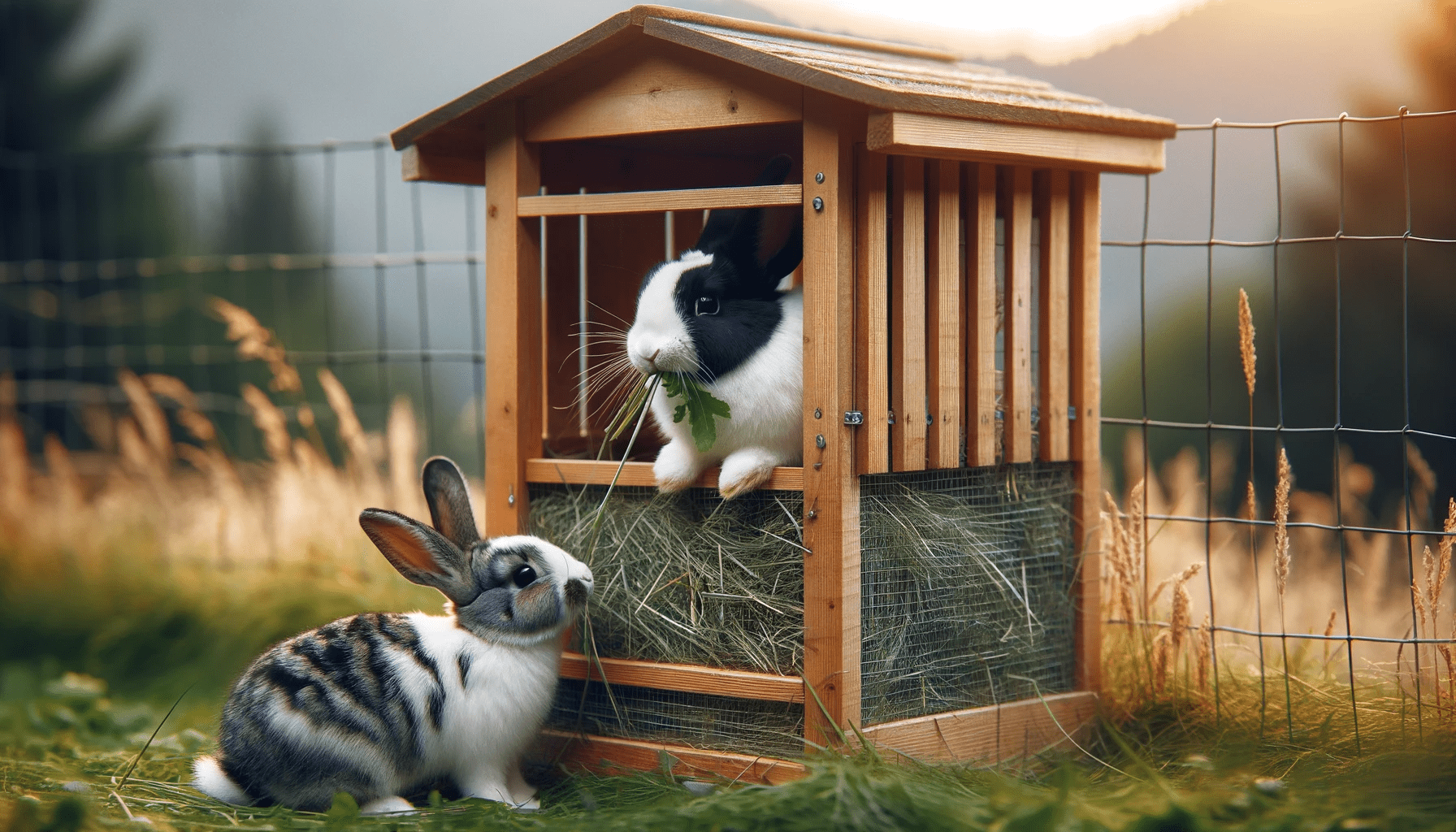 dall%c2%b7e-2024-01-03-11-43-22-a-high-resolution-16_9-image-that-captures-two-domestic-rabbits-in-an-outdoor-setting-one-rabbit-is-perched-inside-a-wooden-hay-feeder-attached-to-a-5993811
