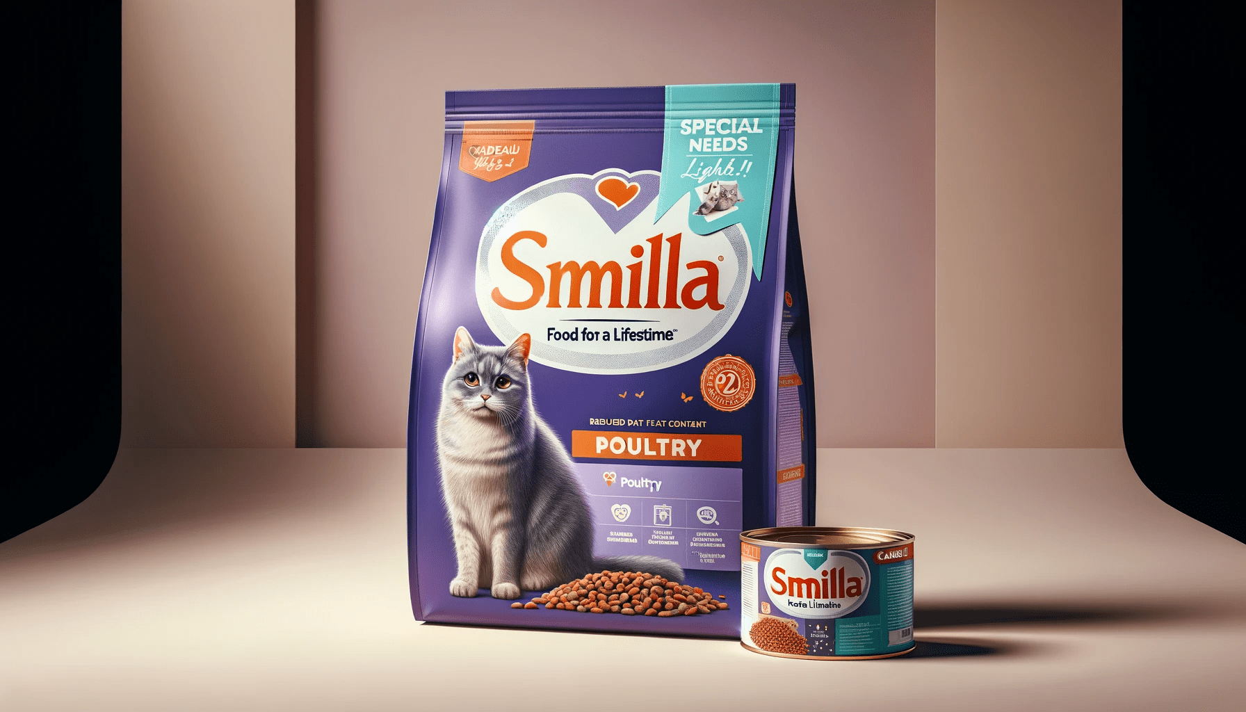 dall%c2%b7e-2024-01-03-12-34-33-a-high-resolution-16_9-horizontal-image-of-a-cat-food-packaging-design-the-main-bag-is-purple-with-the-brand-smilla-in-large-white-letters-and-th-9773068