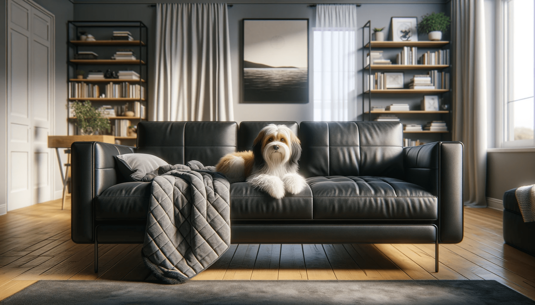 dall%c2%b7e-2024-01-04-09-06-15-a-realistic-photograph-of-a-living-room-with-a-black-faux-leather-sofa-covered-with-a-gray-quilted-throw-a-small-fluffy-white-and-brown-dog-with-a-m-5856136