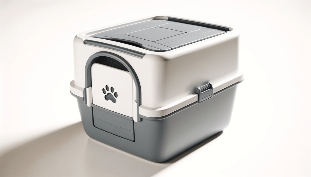 dall%c2%b7e-2024-01-04-12-16-23-a-photograph-of-a-modern-cat-litter-box-the-litter-box-has-a-sleek-design-with-a-white-top-and-a-grey-base-it-features-a-swing-door-for-easy-cat-ent-1575045