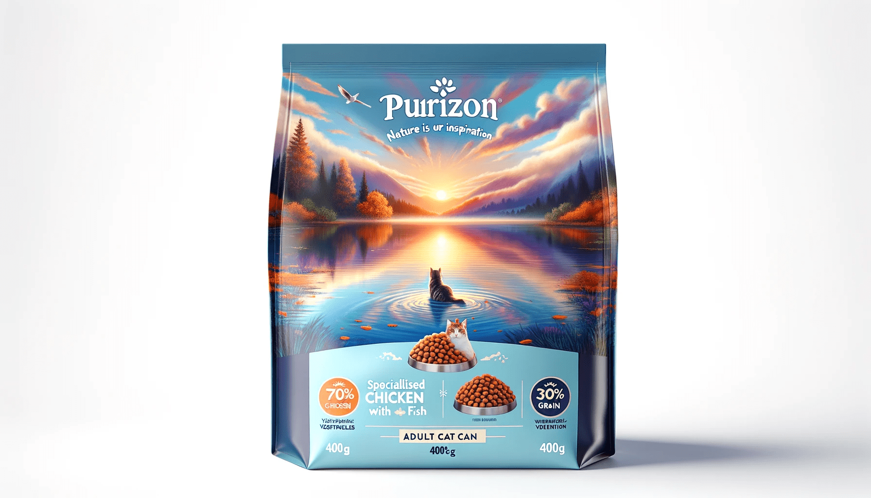 dall%c2%b7e-2024-01-04-13-55-59-an-image-of-a-premium-cat-food-package-the-bag-is-upright-with-a-top-section-featuring-a-serene-lake-landscape-at-sunrise-or-sunset-with-vibrant-colo-7788553