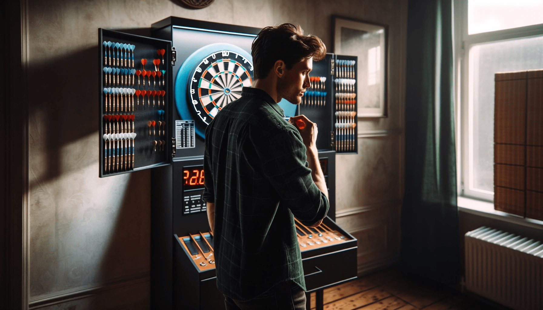 dall%c2%b7e-2024-01-05-11-36-19-a-candid-photograph-of-a-man-playing-darts-indoors-the-man-is-casually-dressed-in-a-dark-green-plaid-shirt-and-has-short-brown-hair-with-a-side-parti-3068870