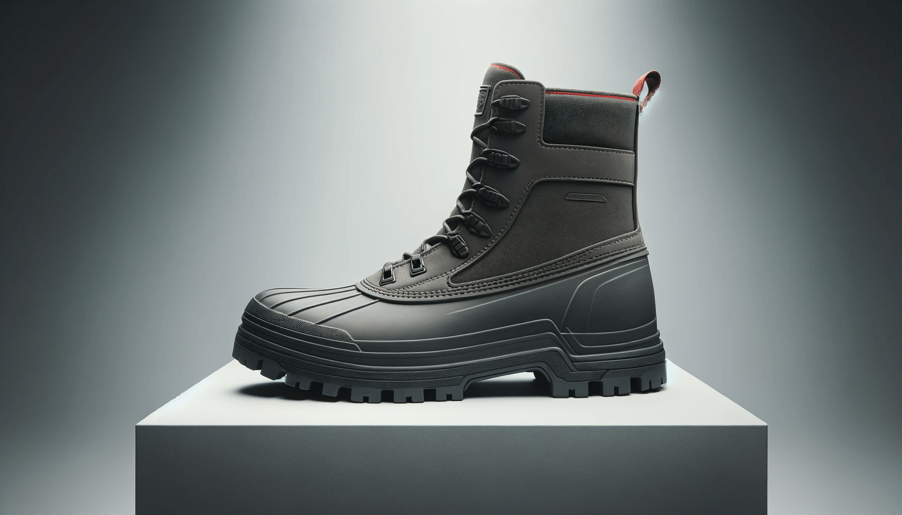 dall%c2%b7e-2024-01-05-12-58-14-a-high-resolution-photograph-of-a-single-dark-grey-rubber-boot-designed-for-outdoor-activities-standing-on-a-white-display-cube-against-a-light-grey-4059691