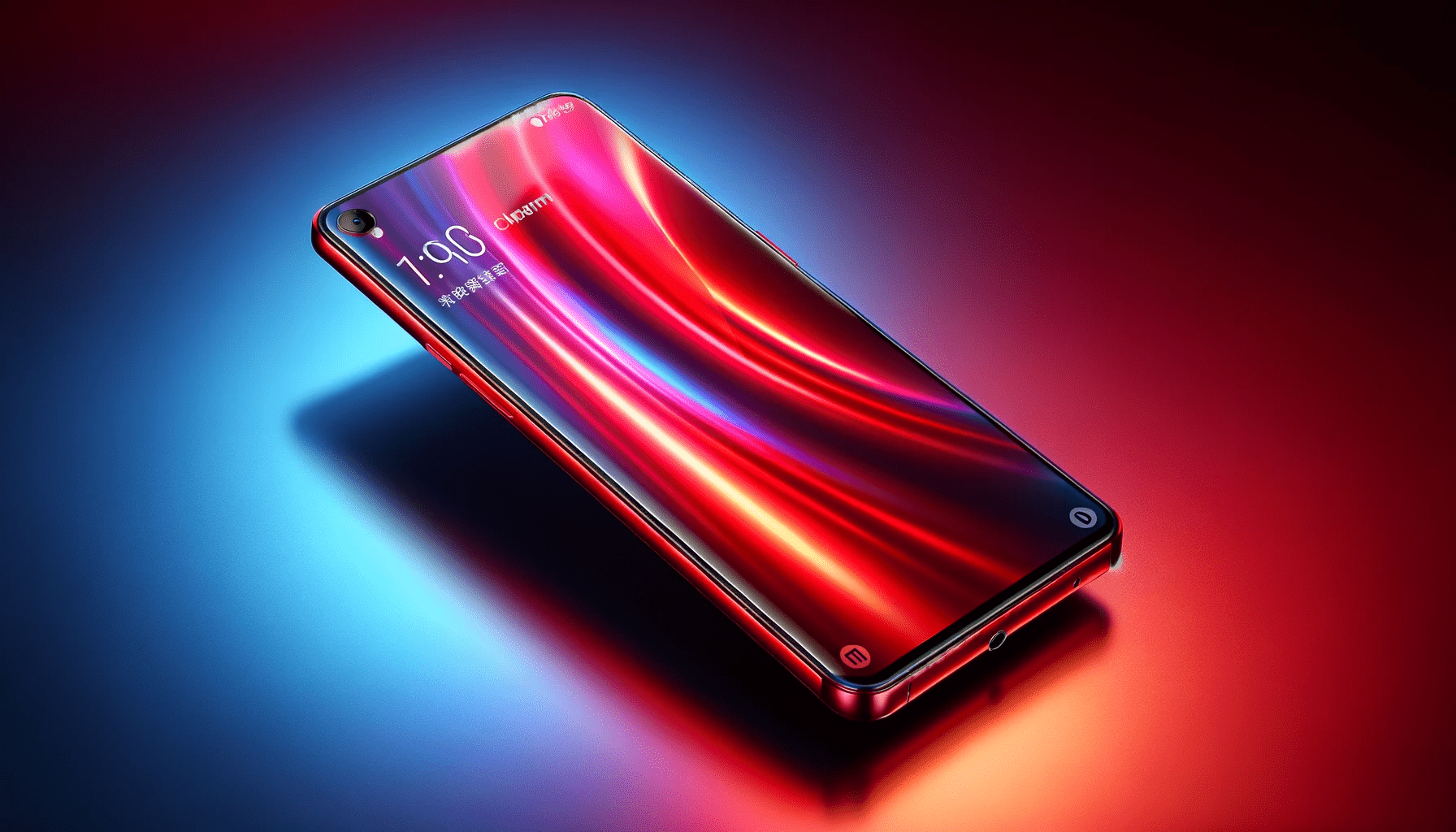 dall%c2%b7e-2024-01-08-11-23-08-a-modern-smartphone-with-a-vibrant-red-metallic-finish-on-the-back-and-a-colorful-display-screen-showing-a-gradient-from-red-to-blue-the-phones-des-2305305