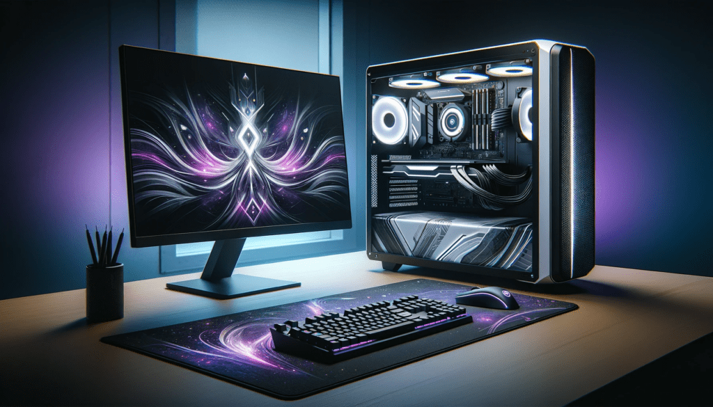 dall%c2%b7e-2024-01-08-14-51-32-a-high-resolution-digital-illustration-of-a-gaming-setup-featuring-a-modern-black-and-white-gaming-computer-with-a-transparent-side-panel-showing-in-5217526