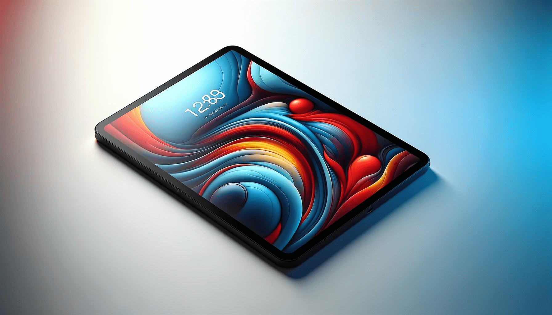 dall%c2%b7e-2024-01-08-14-59-16-a-digital-rendering-of-a-modern-tablet-with-a-glossy-black-bezel-the-screen-displays-a-colorful-abstract-design-with-fluid-shapes-in-blue-red-and-y-2163674