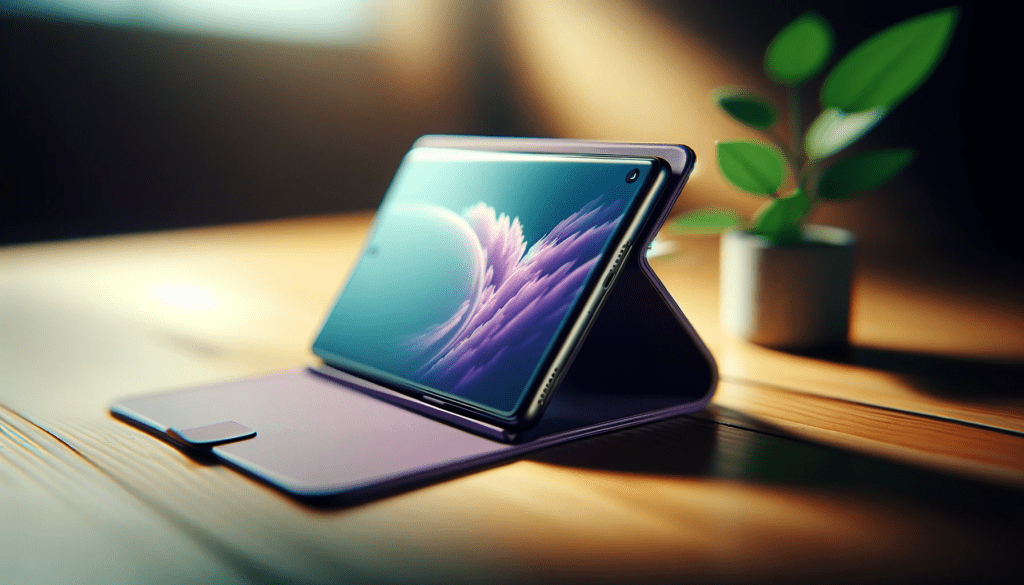 dall%c2%b7e-2024-01-09-03-13-36-a-smartphone-with-a-purple-case-is-lying-on-a-wooden-table-in-a-diagonal-position-with-the-screen-facing-down-the-case-has-a-folding-cover-that-is-p-3730403