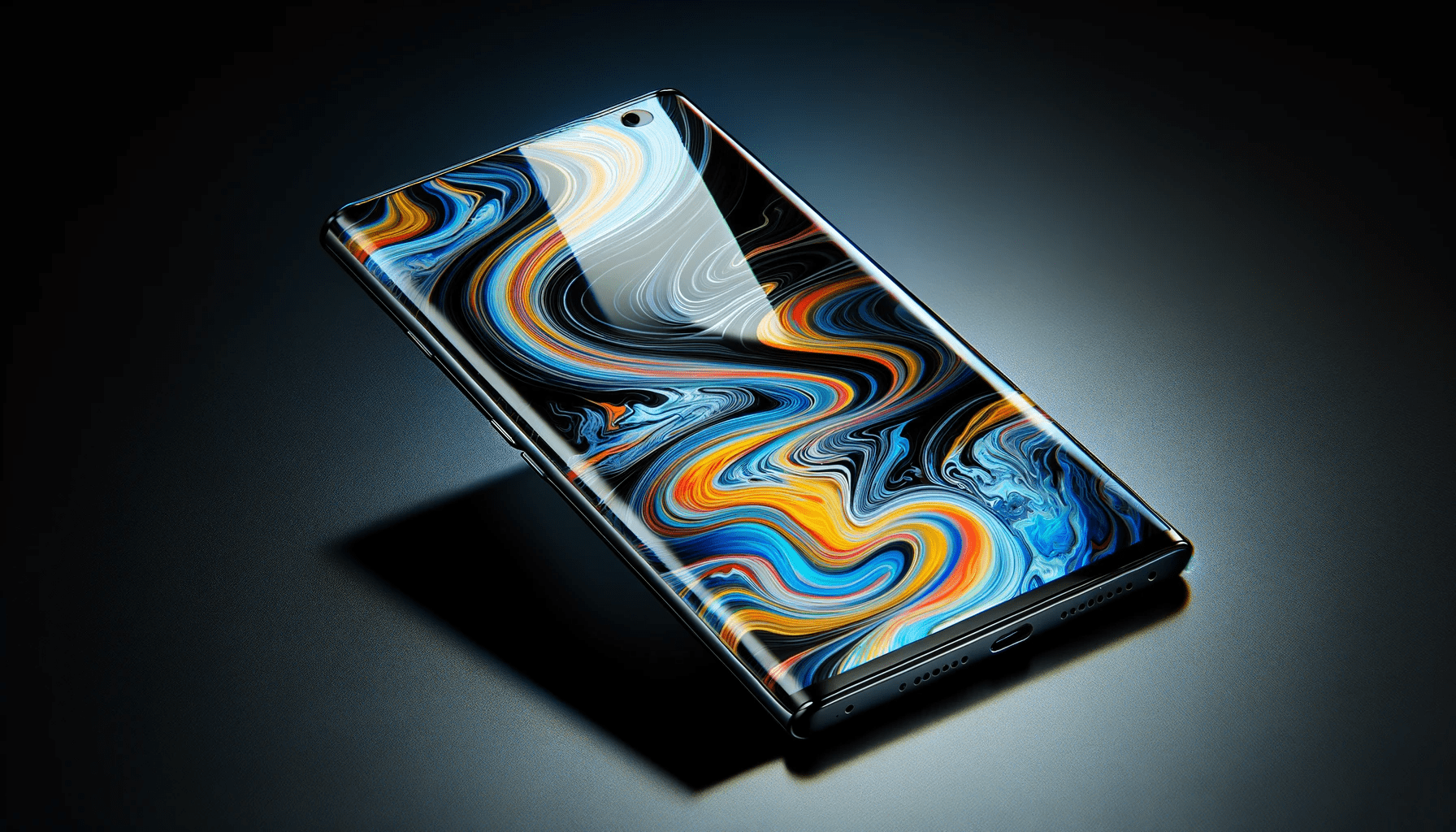 dall%c2%b7e-2024-01-09-03-23-31-a-sleek-black-smartphone-with-a-highly-reflective-screen-displaying-an-abstract-colorful-marble-like-pattern-is-lying-diagonally-across-a-dark-backg-4270698