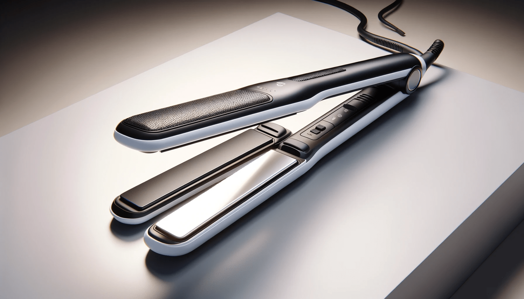 dall%c2%b7e-2024-01-09-08-10-44-an-image-in-a-16_9-aspect-ratio-showcasing-a-sleek-hair-straightener-with-a-modern-design-the-straightener-has-a-glossy-white-upper-plate-and-a-matt-7429540