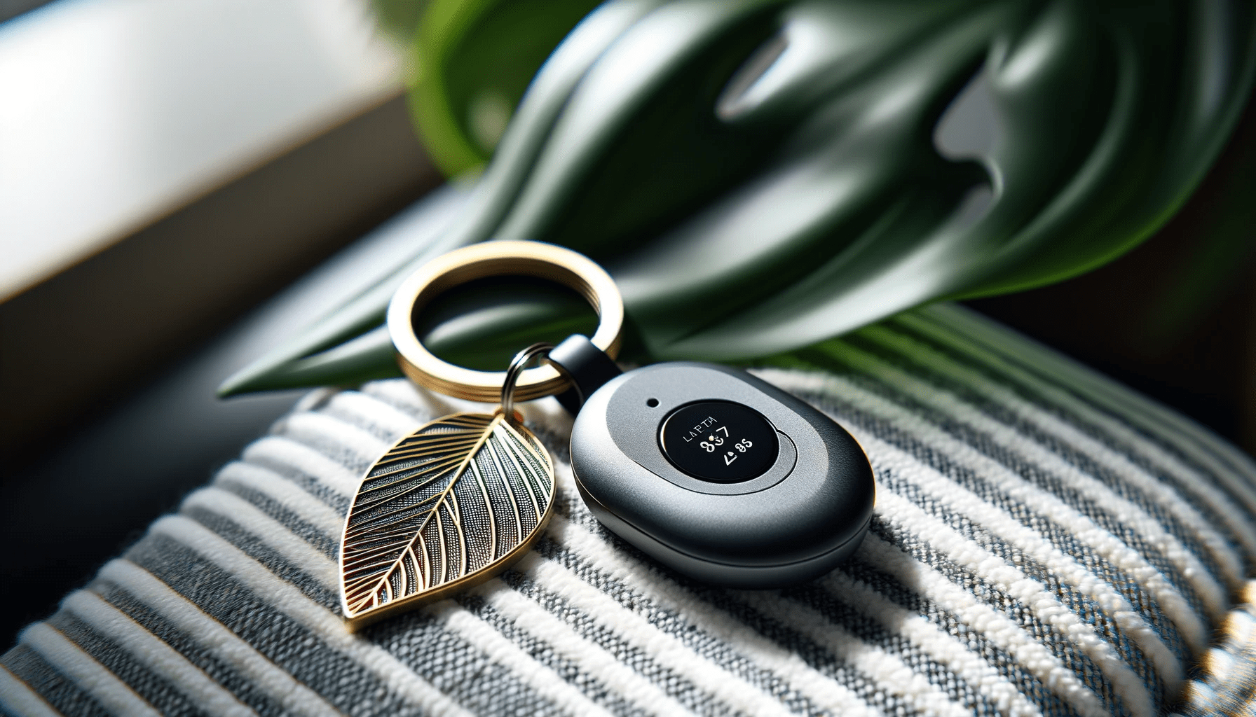 dall%c2%b7e-2024-01-09-17-51-28-a-close-up-of-a-sleek-tracking-device-attached-to-a-keyring-resting-on-a-textured-white-and-grey-striped-surface-the-tracker-is-oval-shaped-has-a-b-4123804