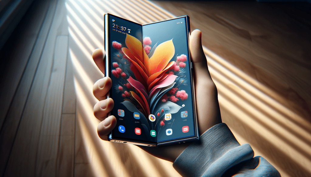 dall%c2%b7e-2024-01-09-18-30-25-a-persons-hand-holding-a-modern-foldable-smartphone-with-a-colorful-floral-wallpaper-on-the-screen-the-device-is-partially-flipped-open-showing-the-3973665