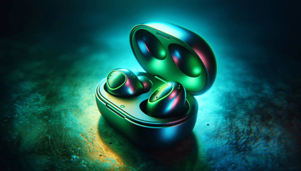 dall%c2%b7e-2024-01-09-18-38-56-a-close-up-photograph-of-wireless-earbuds-with-a-chameleon-like-metallic-finish-one-earbud-outside-and-the-other-inside-an-open-round-charging-case-7092377