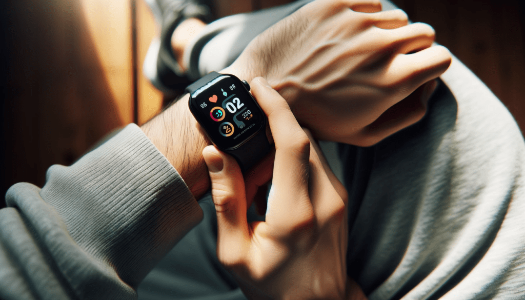 dall%c2%b7e-2024-01-09-18-46-57-a-close-up-photograph-of-a-smartwatch-with-a-black-strap-on-a-persons-wrist-the-person-is-holding-their-wrist-with-their-other-hand-making-the-watc-3954929