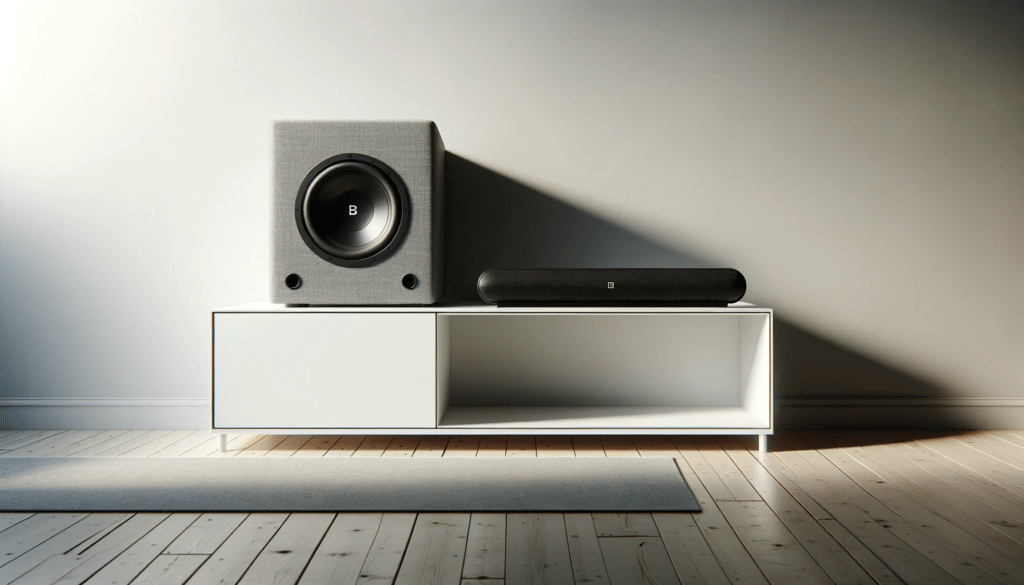 dall%c2%b7e-2024-01-09-22-05-17-a-modern-minimalist-living-room-featuring-a-sleek-white-media-console-on-hardwood-flooring-on-the-left-a-large-black-subwoofer-with-a-circular-spea-7184569