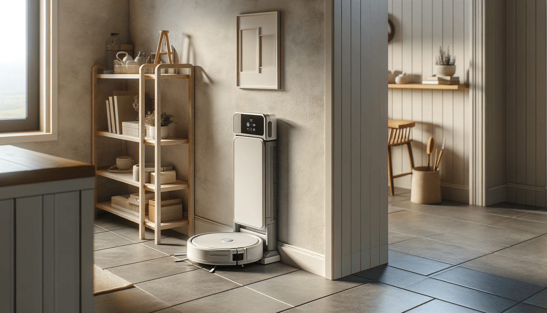 dall%c2%b7e-2024-01-09-22-28-21-a-utility-corner-in-a-modern-home-with-a-white-robotic-vacuum-cleaner-docked-on-its-charging-station-the-station-is-tall-slim-and-matches-the-vacu-4592999