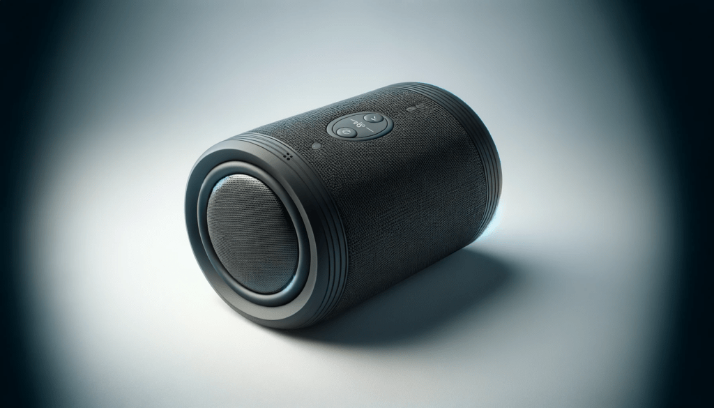 dall%c2%b7e-2024-01-10-13-05-47-a-modern-portable-bluetooth-speaker-with-a-cylindrical-design-positioned-horizontally-the-speaker-is-covered-with-a-black-fabric-mesh-texture-and-ha-2669238