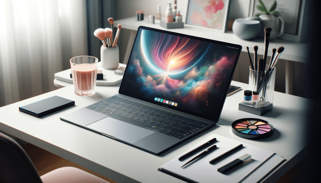 dall%c2%b7e-2024-01-10-17-28-39-a-modern-thin-laptop-on-a-white-desk-the-laptop-has-a-large-screen-displaying-a-vibrant-wallpaper-with-an-abstract-design-of-a-planet-a-sleek-black-8516323