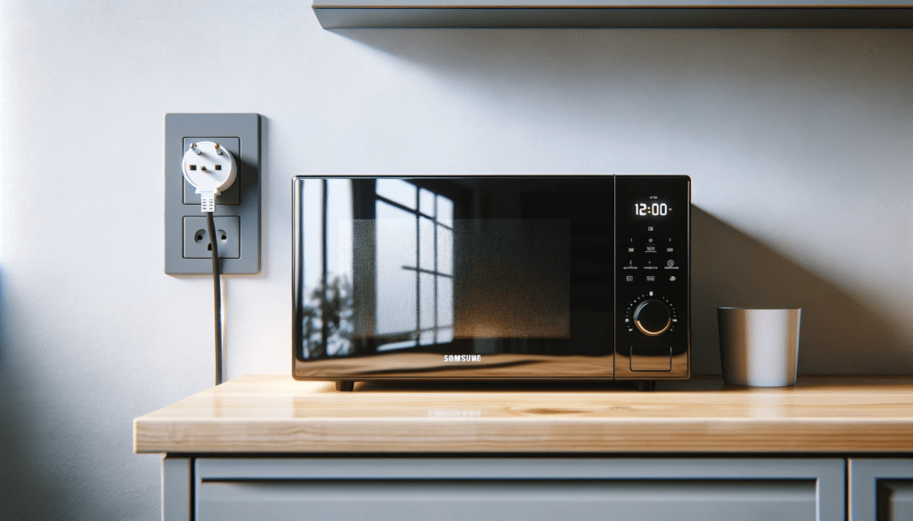 dall%c2%b7e-2024-01-10-20-57-29-a-modern-kitchen-interior-featuring-a-black-microwave-oven-on-a-light-wooden-countertop-the-microwave-has-a-reflective-glass-door-through-which-the-i-6867735